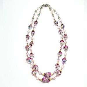 Vintage Vendome Aurora Borealis Crystal Necklace Lavender Pink Green Floral 22”